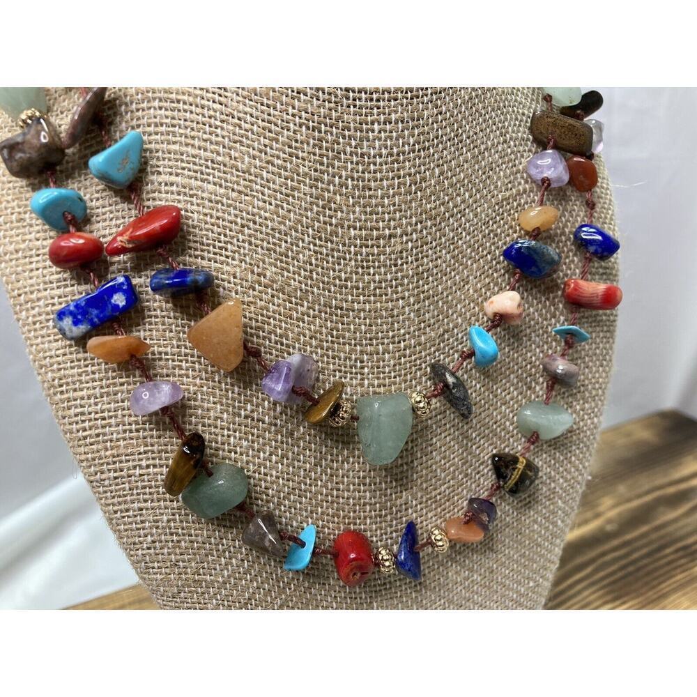 Vintage Semi Precious Stone Rope Knot Necklace Amethyst Tigers Eye Signed V - Picture 5 of 8